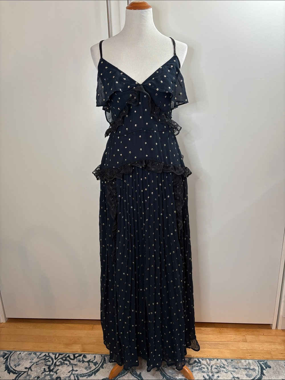 NWT Topshop Navy Gold Polkadot Backless Sundress. Maxi Knifepleat. Size 10